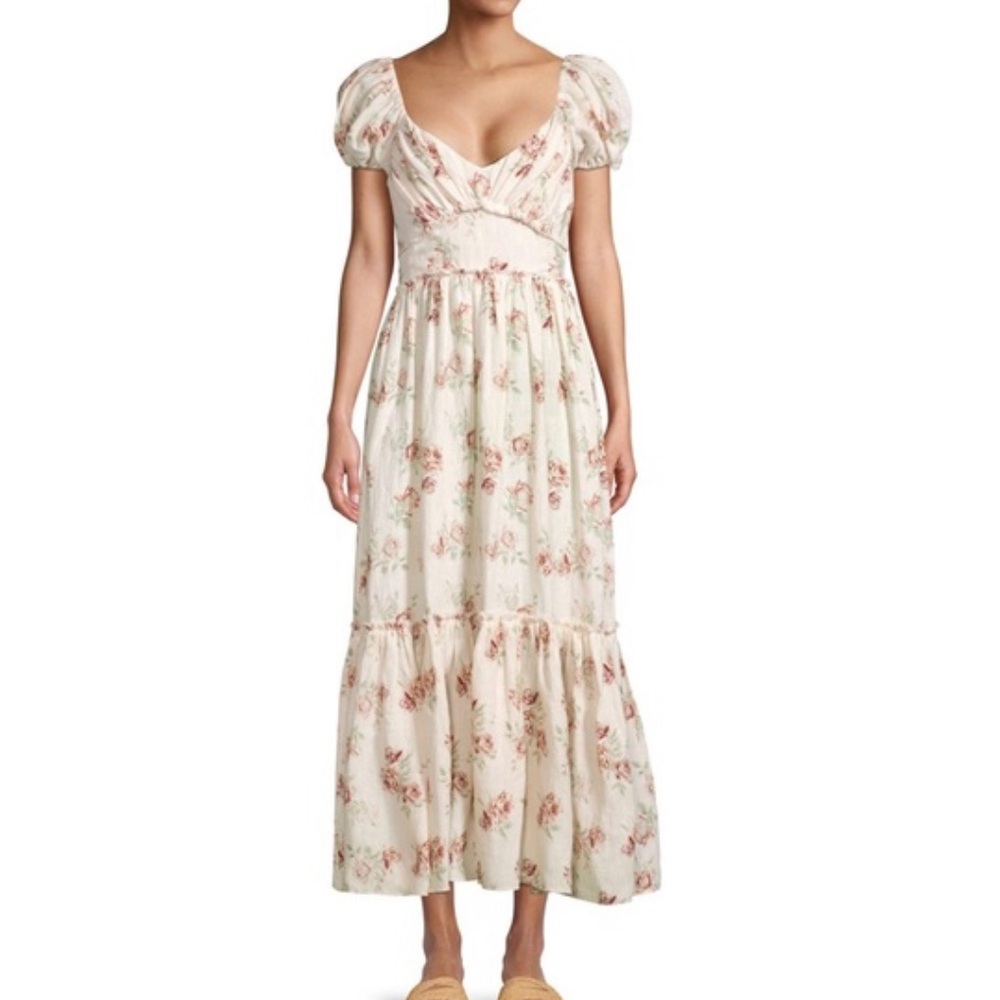 Loveshackfancy Angie Linen Cream & Pink Floral Midi Dress Size‎ 0 - Broken Zip